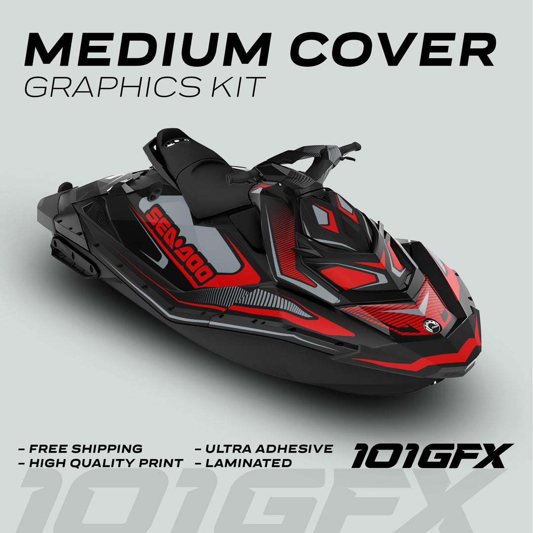 Sea Doo Spark Graphics Kit RACE LINE Red Grey on jet ski, featuring durable, eye-catching red, black, and gray wrap with free shipping, high quality, and ultra adhesive benefits.