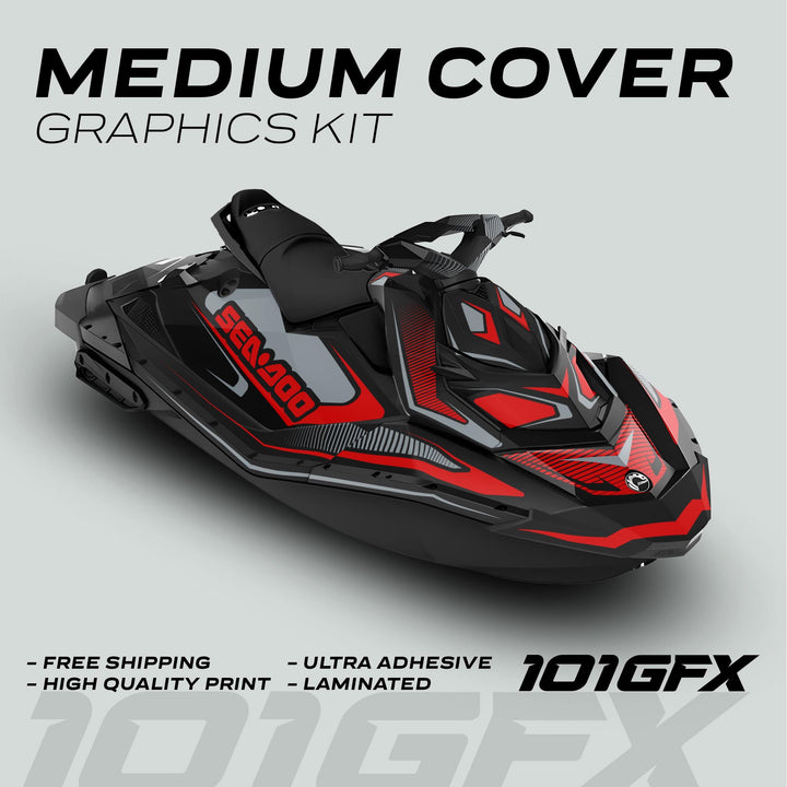 Sea Doo Spark Graphics Kit RACE LINE Red Grey on jet ski, featuring durable, eye-catching red, black, and gray wrap with free shipping, high quality, and ultra adhesive benefits.