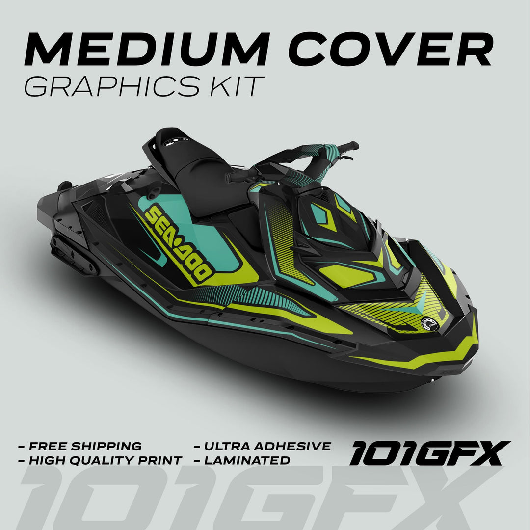 Sea Doo Spark Graphics Kit RACE LINE Mint Green on Sea-Doo, showcasing sleek teal, lime-green, and black design with features like free shipping and high-quality print.