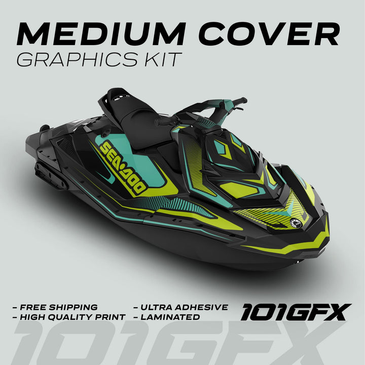 Sea Doo Spark Graphics Kit RACE LINE Mint Green on Sea-Doo, showcasing sleek teal, lime-green, and black design with features like free shipping and high-quality print.