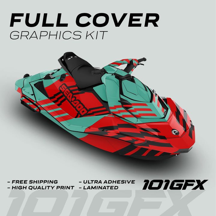 Sea Doo Spark Graphics Kit FAST MINT RED on watercraft, showcasing bold geometric design, high-quality vinyl, and perfect fit for Seadoo Spark models.