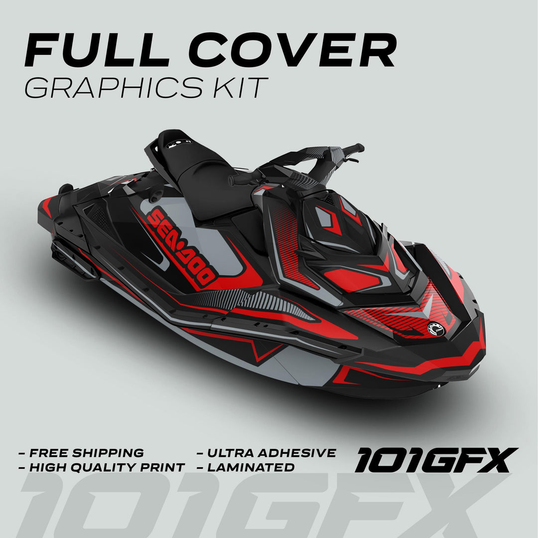 Sea Doo Spark Graphics Kit RACE LINE Red Grey applied on a jet ski, showcasing a vibrant red, black, and grey design with features like Free Shipping and High Quality Print.