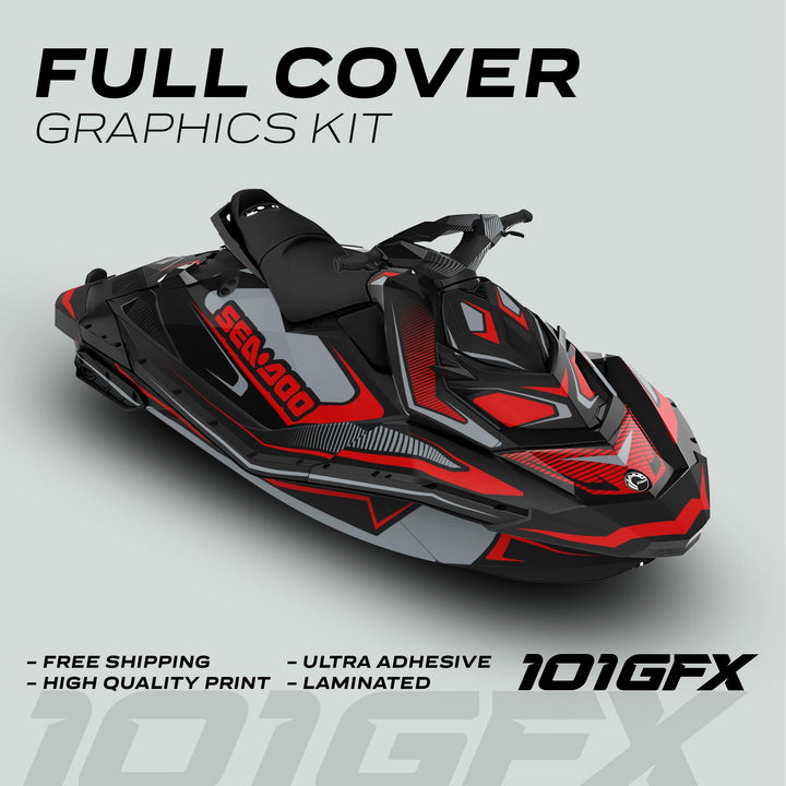 Sea Doo Spark Graphics Kit RACE LINE Red Grey applied on a jet ski, showcasing a vibrant red, black, and grey design with features like Free Shipping and High Quality Print.