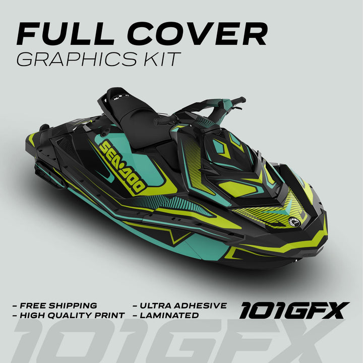 Sea Doo Spark Graphics Kit RACE LINE Mint Green applied on jet ski, showcasing vibrant design, high-quality print, ultra-adhesive finish, and laminated protection for enhanced aesthetic appeal.