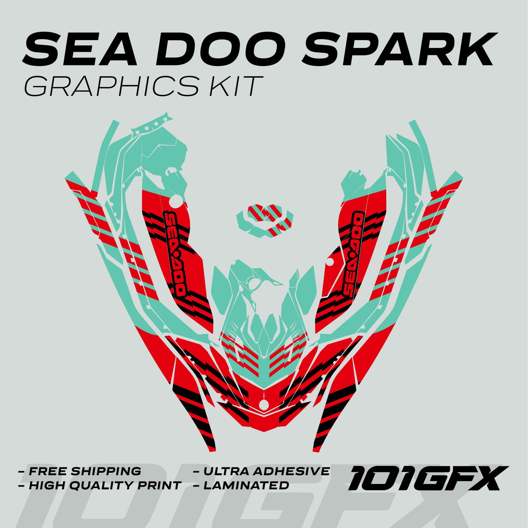 Sea Doo Spark Graphics Kit FAST MINT RED with teal, red die-cut panels, Sea-Doo logo, highlighting free shipping, high-quality print, ultra-adhesive, laminated, 101GFX logo.