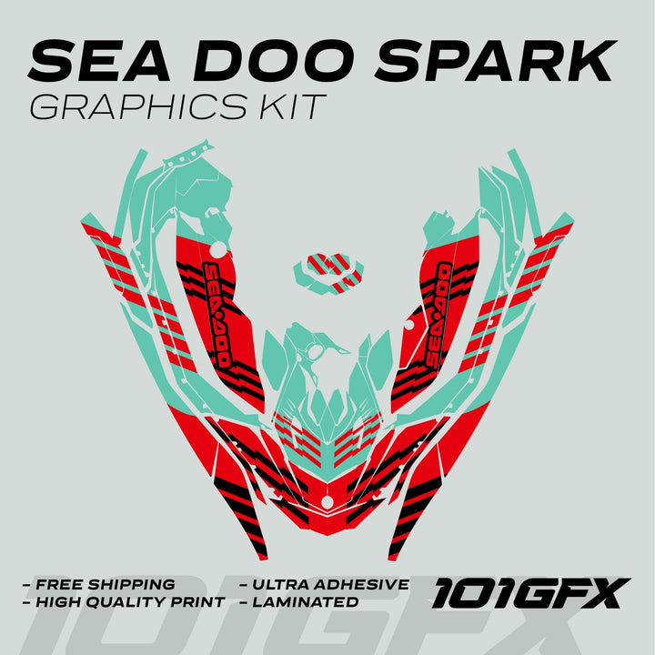 Sea Doo Spark Graphics Kit FAST MINT RED with teal, red die-cut panels, Sea-Doo logo, highlighting free shipping, high-quality print, ultra-adhesive, laminated, 101GFX logo.