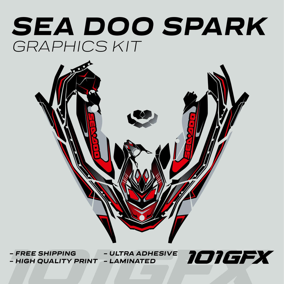 Sea Doo Spark Graphics Kit RACE LINE Red Grey, featuring symmetrical vinyl-sticker panels for hull and bodywork, with highlights on quality, adhesive strength, and ease of application.