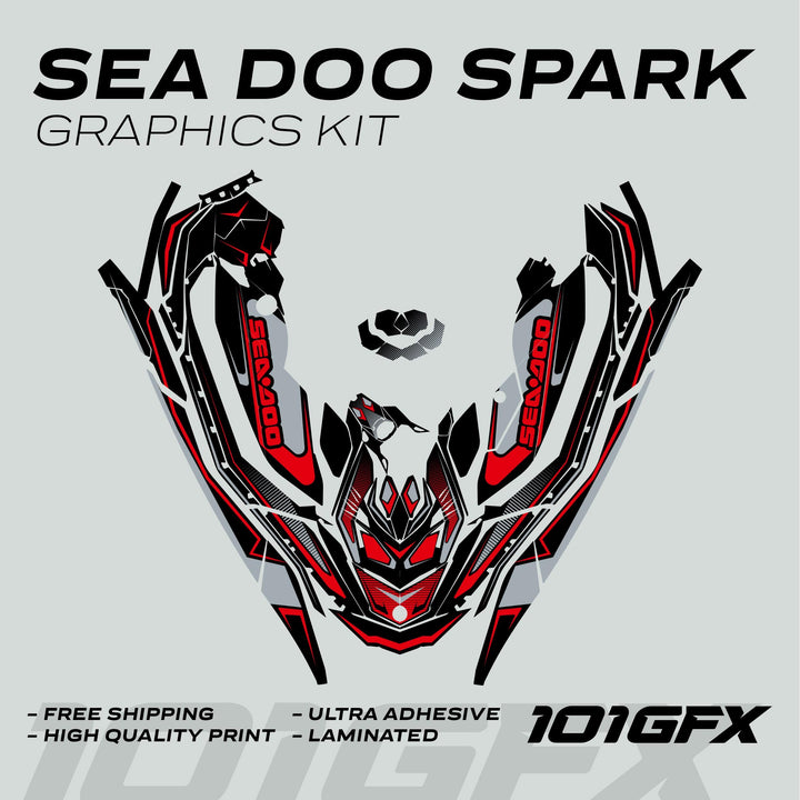 Sea Doo Spark Graphics Kit RACE LINE Red Grey, featuring symmetrical vinyl-sticker panels for hull and bodywork, with highlights on quality, adhesive strength, and ease of application.