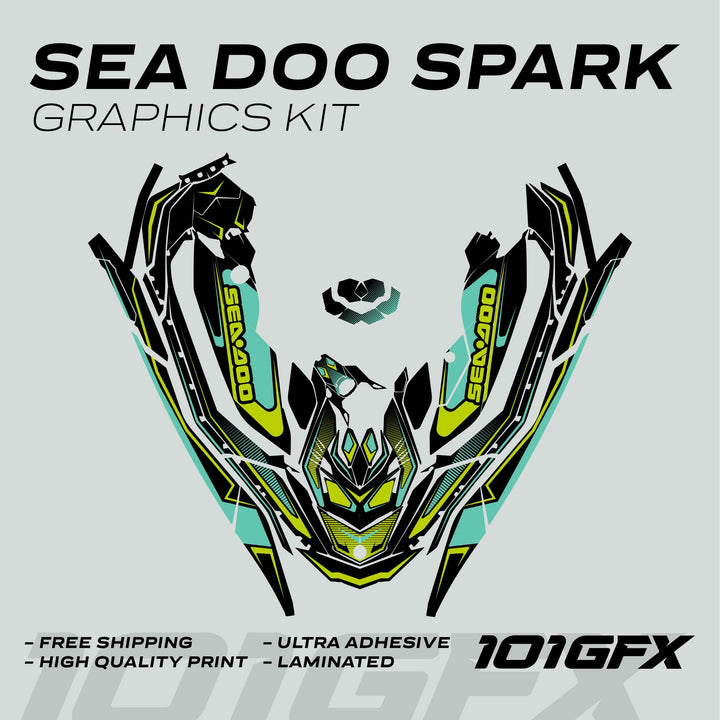 Sea Doo Spark Graphics Kit RACE LINE Mint Green mock-up, showcasing dynamic decals for watercraft hood and sides with selling points: free shipping, high-quality, adhesive, laminated.