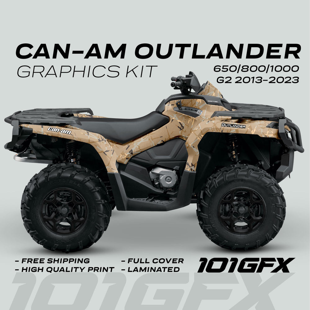 Can-Am OUTLANDER G2 Graphics Kit SCRATCHY SAND on an ATV, featuring tan/camo wrap, high-quality laminated print, full coverage, and 101GFX brand logo.