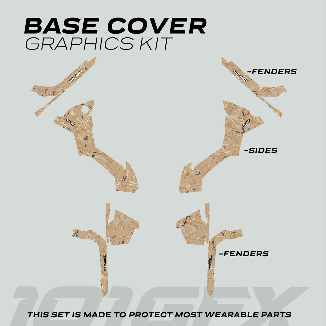 Diagram of Can-Am OUTLANDER G2 Graphics Kit SCRATCHY SAND, showing tan-camouflage decals for ATV protection on fenders and side panels against scratches.