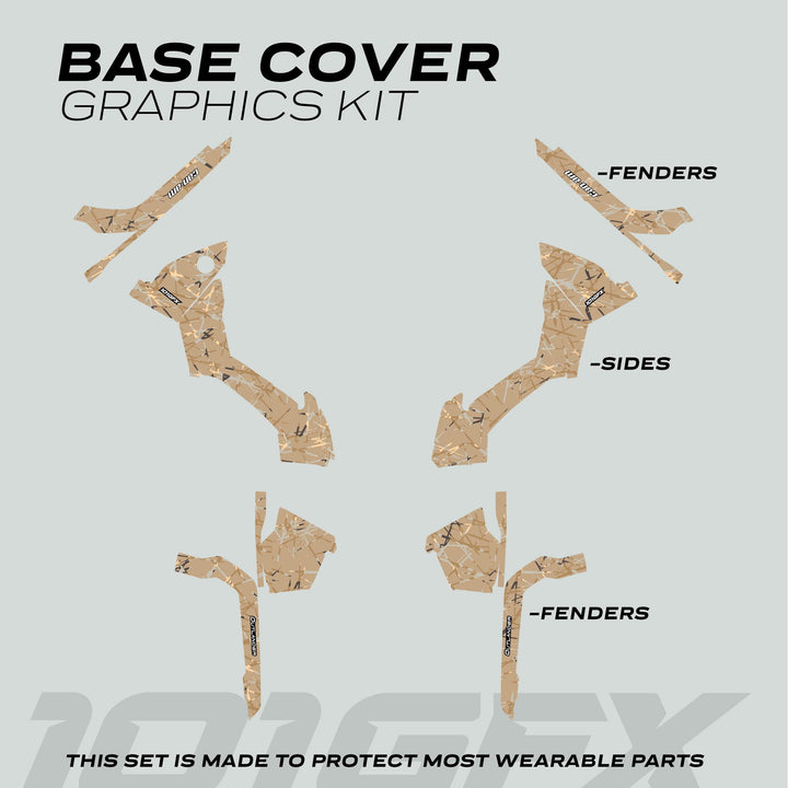 Diagram of Can-Am OUTLANDER G2 Graphics Kit SCRATCHY SAND, showing tan-camouflage decals for ATV protection on fenders and side panels against scratches.