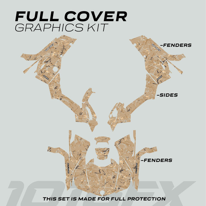 Can-Am OUTLANDER G2 Graphics Kit SCRATCHY SAND, full cover decal set, laid out flat showing fender, side-panel pieces; designed for ATV protection.
