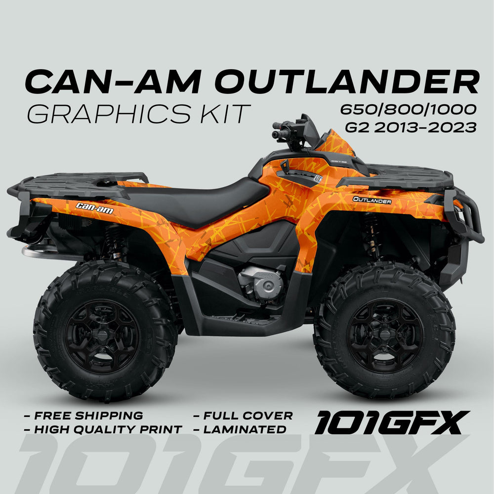 Can-Am OUTLANDER G2 Graphics Kit SCRATCHY RANGE on ATV, showcasing orange abstract vinyl wrap, emphasizing durability, easy application, full cover, and high-quality print features.