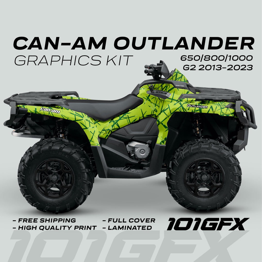 Side-view of Can-Am OUTLANDER G2 with Scratchy Green graphics, showcasing full coverage, high-quality print, and laminated finish by 101GFX, emphasizing style and protection.