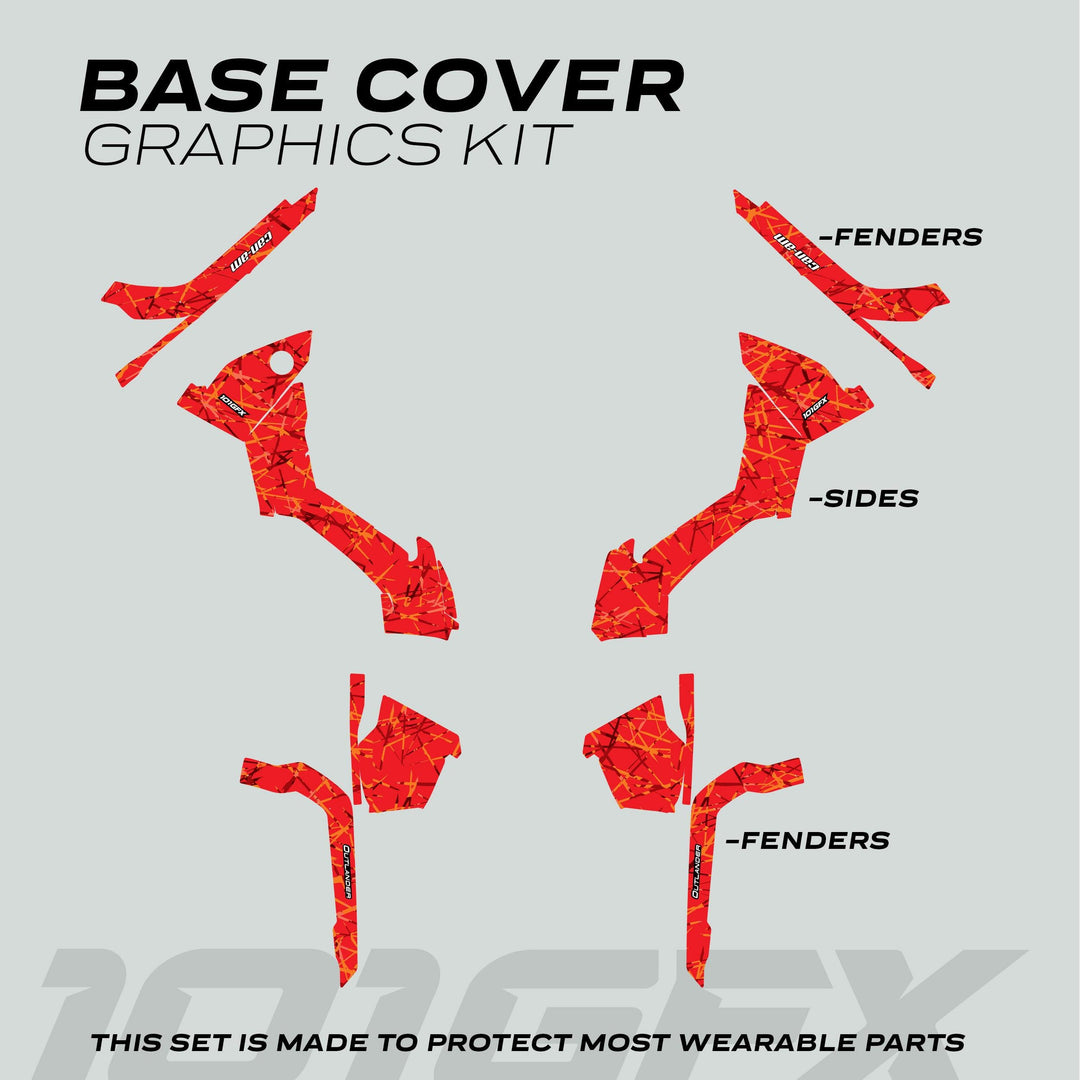 Can-Am OUTLANDER G2 Graphics Kit SCRATCHY RED parts layout, showing labeled protective skins for ATV/snowmobile fenders and sides, enhancing style and durability.