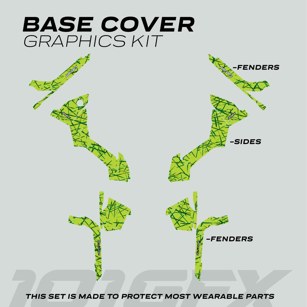 Can-Am OUTLANDER G2 Graphics Kit SCRATCHY GREEN decals for fenders and sides, designed for protection and style on vehicle's wear-prone areas.