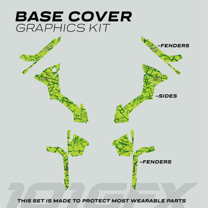 Can-Am OUTLANDER G2 Graphics Kit SCRATCHY GREEN decals for fenders and sides, designed for protection and style on vehicle's wear-prone areas.