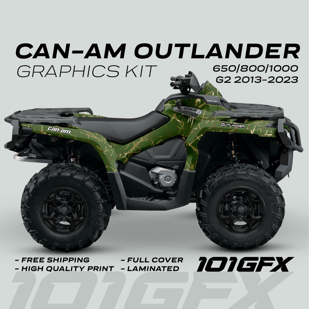 Can-Am OUTLANDER G2 Graphics Kit SCRATCHY EARTH in green camo, side view, highlighting full-cover decal for 2013-2023 models with high-quality print and lamination.