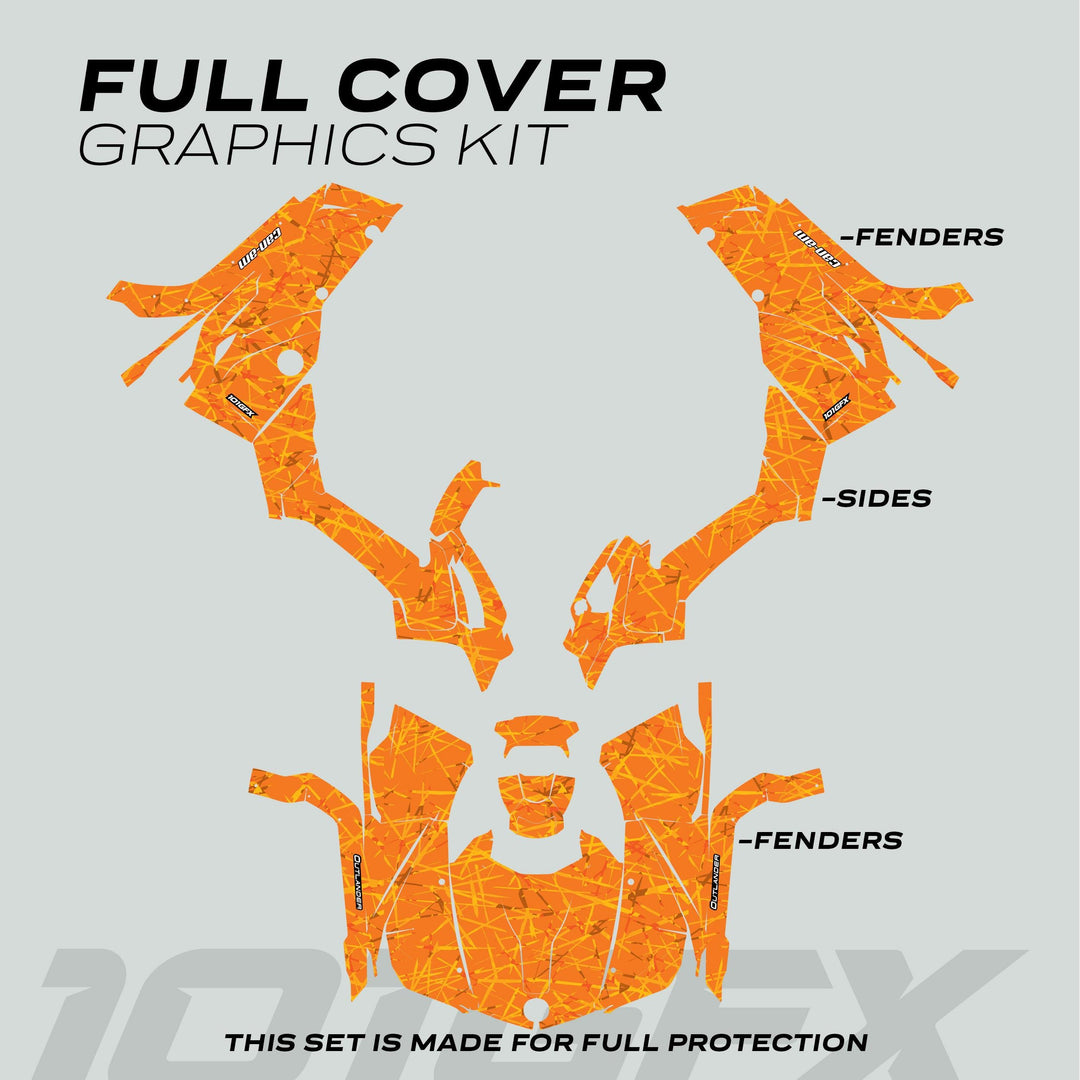 Can-Am OUTLANDER G2 Graphics Kit SCRATCHY RANGE mock-up; orange splatter pattern cut-outs labeled FENDERS and SIDES for ATV/UTV body protection.