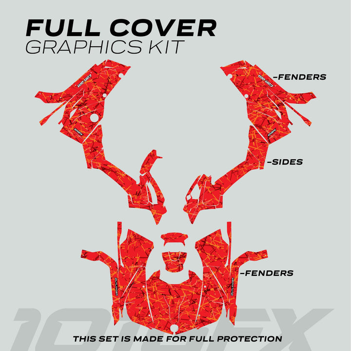 Can-Am OUTLANDER G2 Graphics Kit SCRATCHY RED, featuring die-cut red decals with orange/black splatter for front, side, and rear ATV panels, enhancing style and protection.