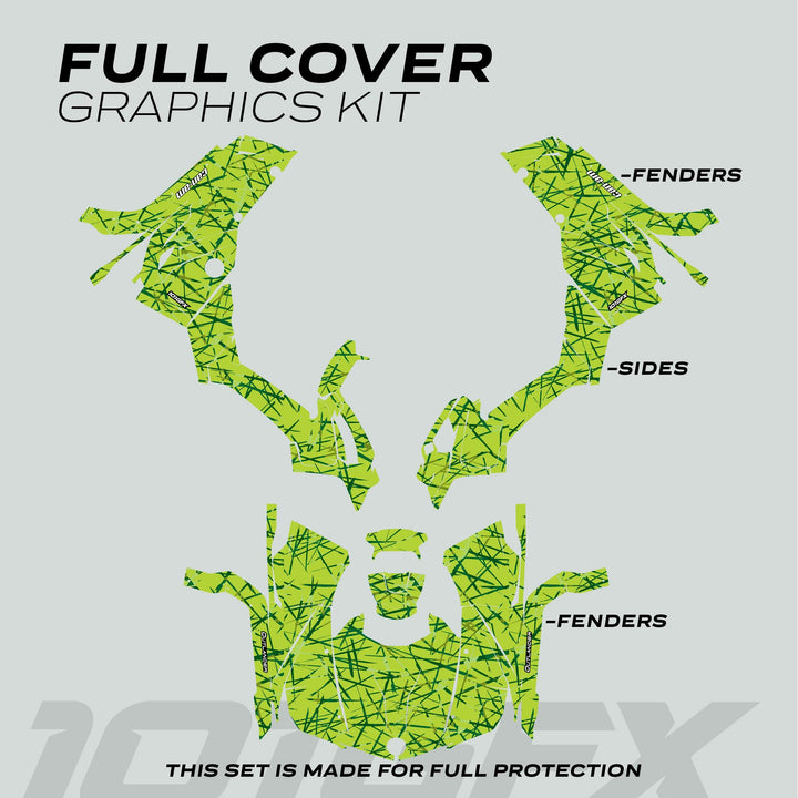 Can-Am OUTLANDER G2 Graphics Kit SCRATCHY GREEN: Flat layout of fender and side panel pieces with bright green scratch-mark pattern, labeled for specific vehicle sections.