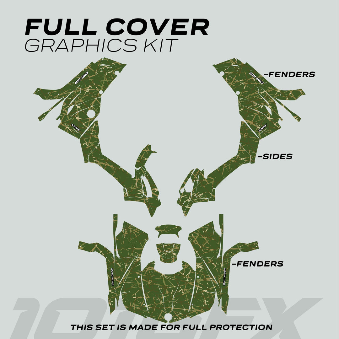 Can-Am OUTLANDER G2 Graphics Kit SCRATCHY EARTH layout, featuring green/tan twig-camouflage vinyl pieces for ATV protection and styling.