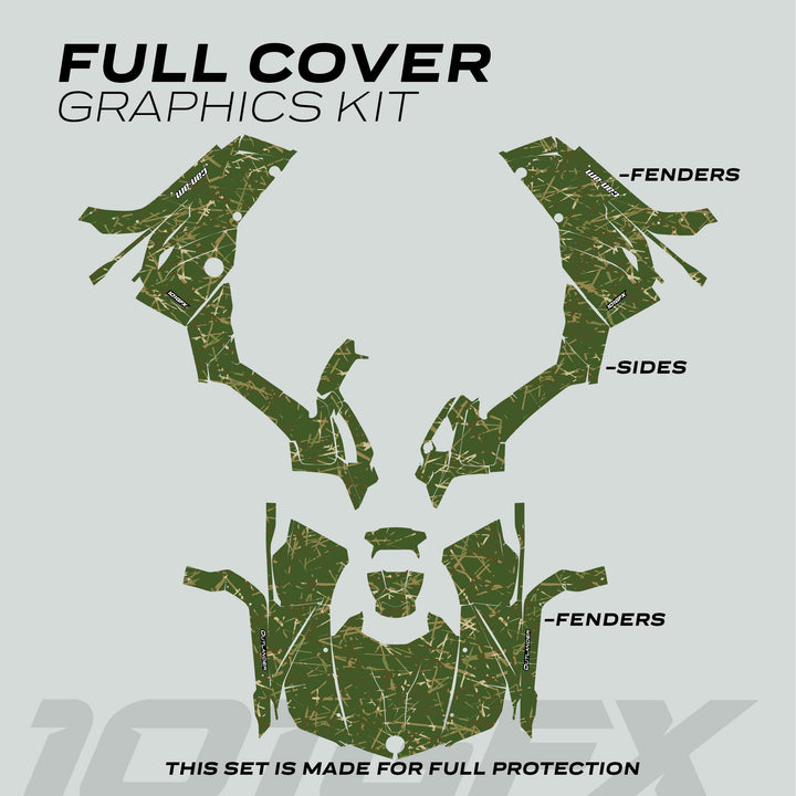 Can-Am OUTLANDER G2 Graphics Kit SCRATCHY EARTH layout, featuring green/tan twig-camouflage vinyl pieces for ATV protection and styling.