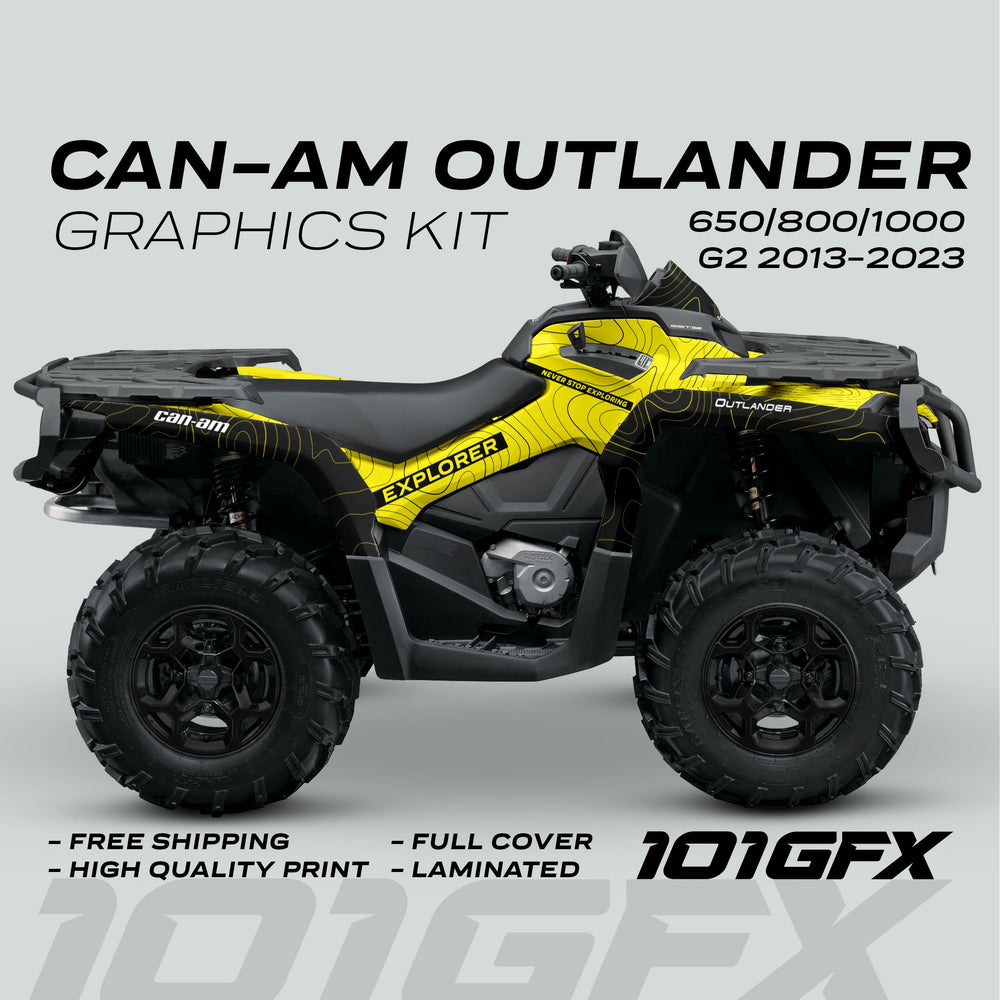 Can-Am OUTLANDER G2 Graphics Kit EXPLORER Yellow Black on a black ATV, featuring bold contour-map lines, offers full coverage, high-quality print, and easy installation.