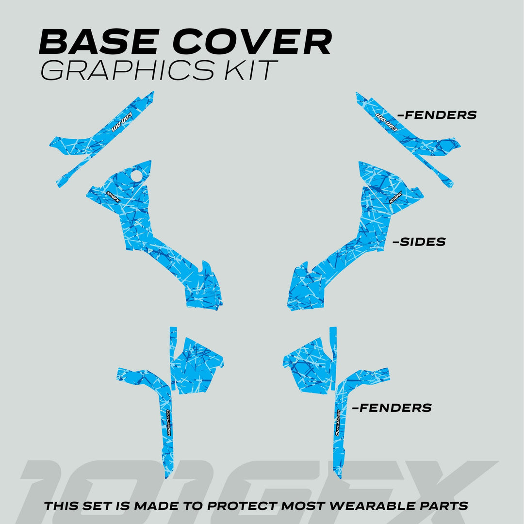 Can-Am OUTLANDER G2 Graphics Kit SCRATCHY BLUE, featuring a blue splatter design template for fenders and sides, offering protection and style for your vehicle.