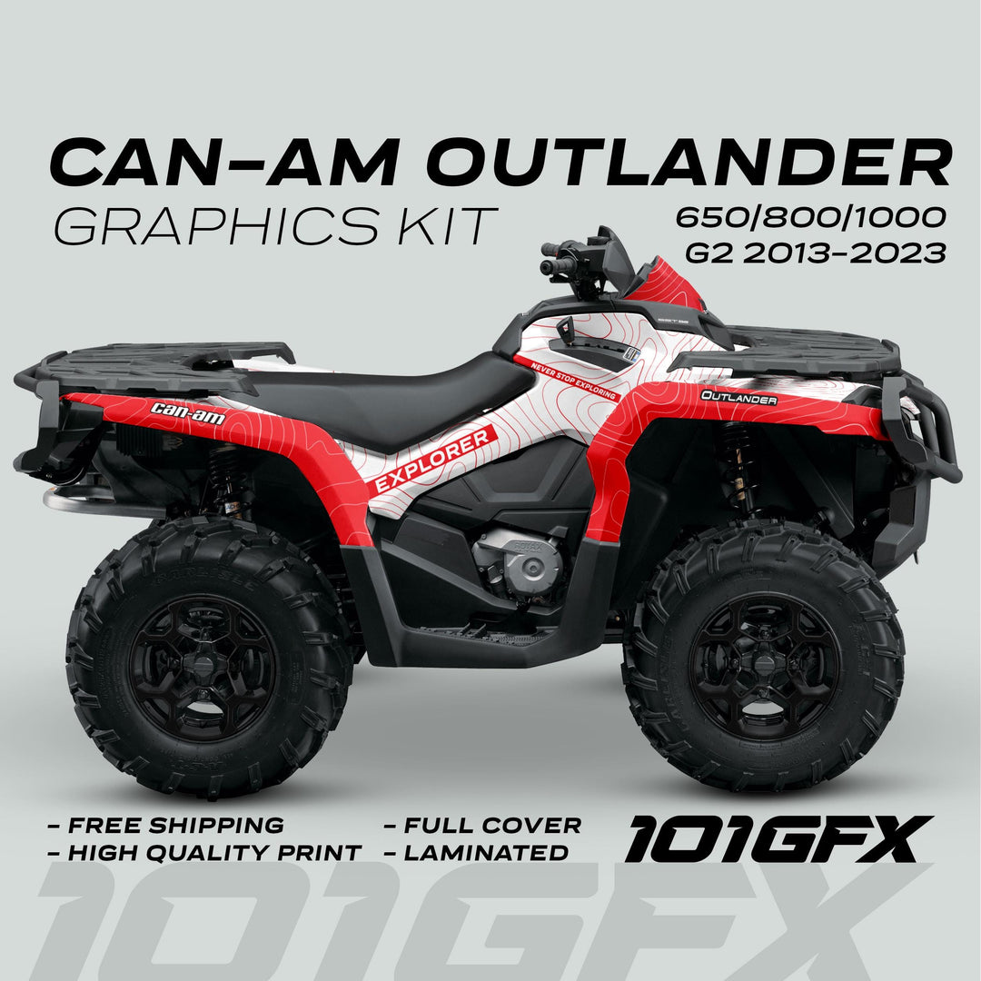 Can-Am OUTLANDER G2 Graphics Kit EXPLORER features a red-and-white topographic wrap on an ATV, highlighting Explorer branding, free shipping, quality print, full cover, laminated.