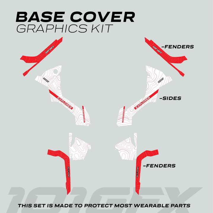 Can-Am OUTLANDER G2 Graphics Kit EXPLORER features red fender decals and white side-panel decals with contour graphics, protecting off-road vehicle parts.