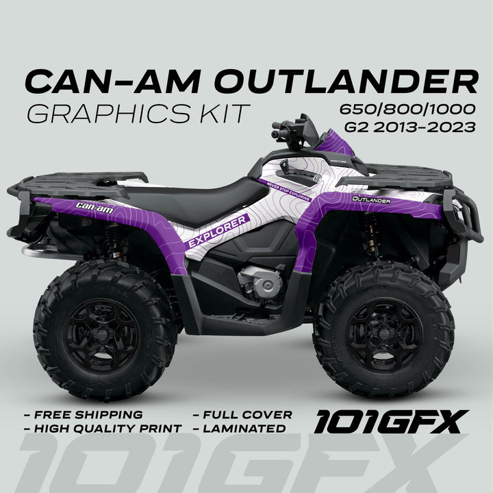 Can-Am OUTLANDER G2 Graphics Kit EXPLORER White Purple: Custom graphics wrap for Outlander 650/800/1000 G2, 2013–2023, showcasing durable, laminated, topographic design with free shipping.