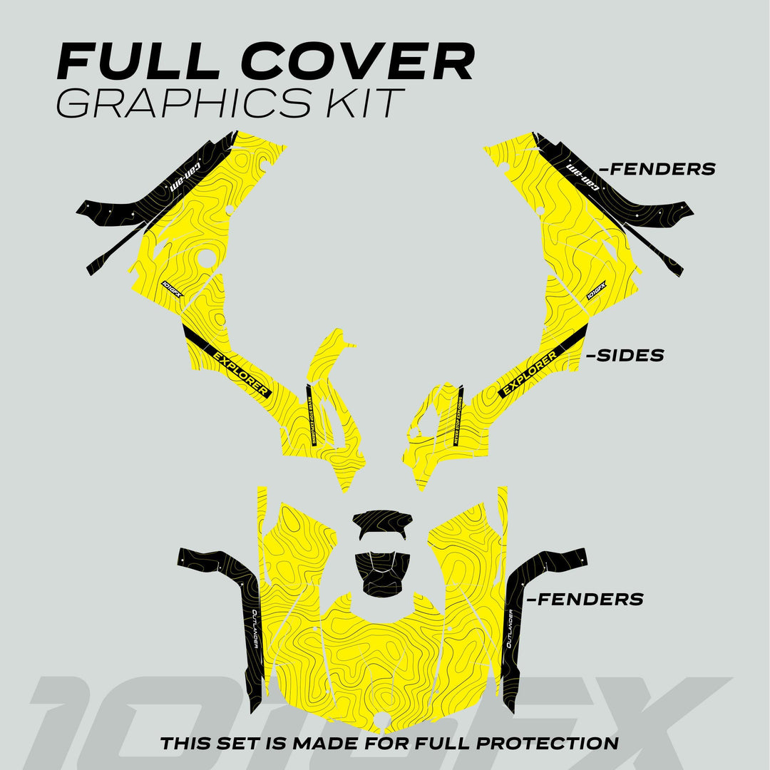 Can-Am OUTLANDER G2 Graphics Kit featuring yellow contour-map decals for fenders and sides, enhancing style and protection with EXPLORER branding.