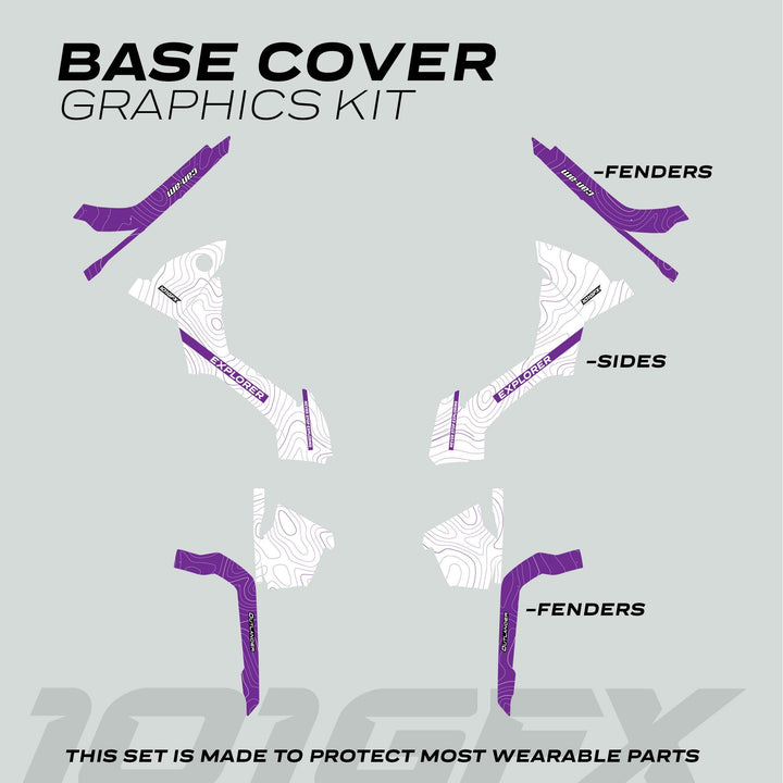 Can-Am OUTLANDER G2 Graphics Kit EXPLORER White Purple, protective vinyl for ATV's fenders and panels, ensuring durability and style with easy application.