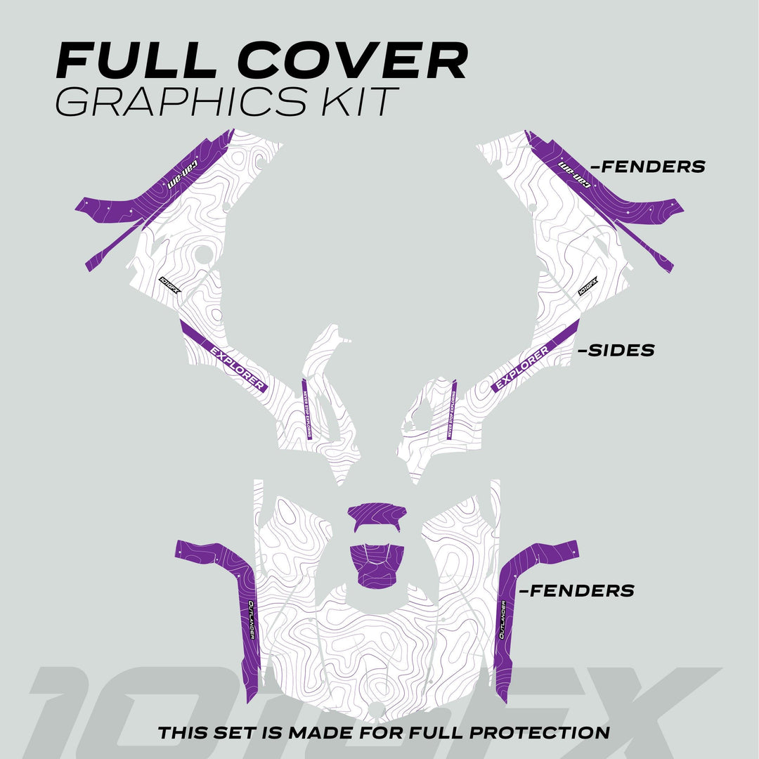 Can-Am OUTLANDER G2 Graphics Kit EXPLORER features white panels with contour lines, purple accents, and labels for fenders and side panels.