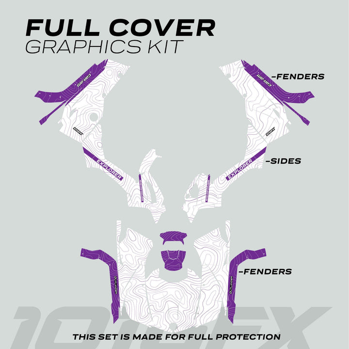 Can-Am OUTLANDER G2 Graphics Kit EXPLORER features white panels with contour lines, purple accents, and labels for fenders and side panels.