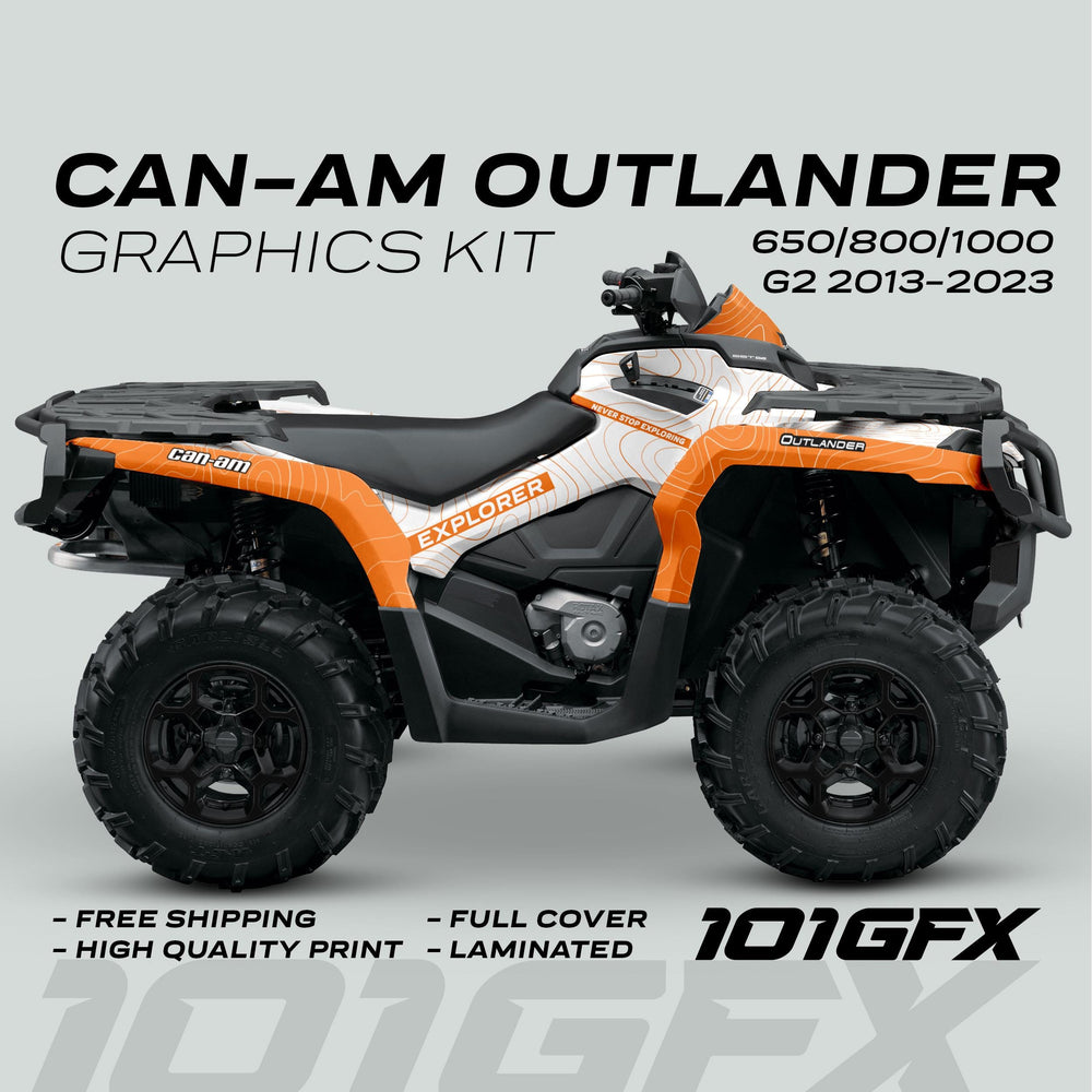 Can-Am OUTLANDER G2 Graphics Kit EXPLORER White Orange on ATV, featuring topographic design, marketing callouts, and branding, emphasizes style, protection, and custom fit for 2013–2023 models.