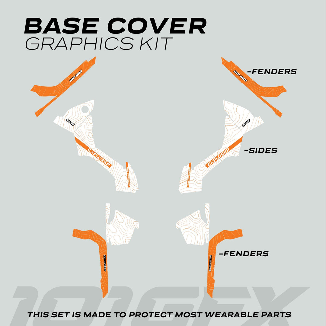 Can-Am OUTLANDER G2 Graphics Kit EXPLORER White Orange with labeled vinyl pieces for fenders and sides, featuring topo-map pattern and orange accents.
