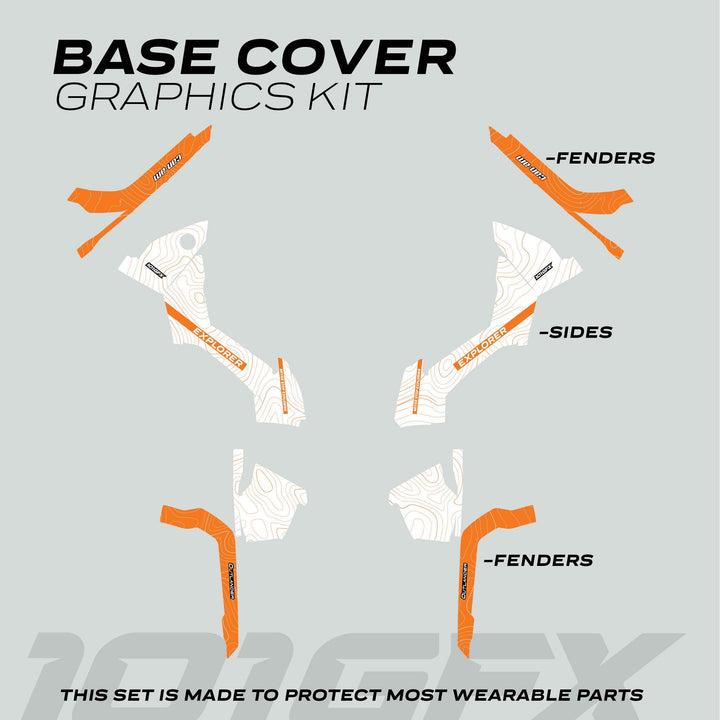 Can-Am OUTLANDER G2 Graphics Kit EXPLORER White Orange with labeled vinyl pieces for fenders and sides, featuring topo-map pattern and orange accents.