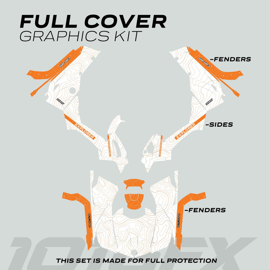 Can-Am OUTLANDER G2 Graphics Kit EXPLORER White Orange, featuring topographic-style decals for ATV, arranged flat with labeled fender and side panels for full coverage.