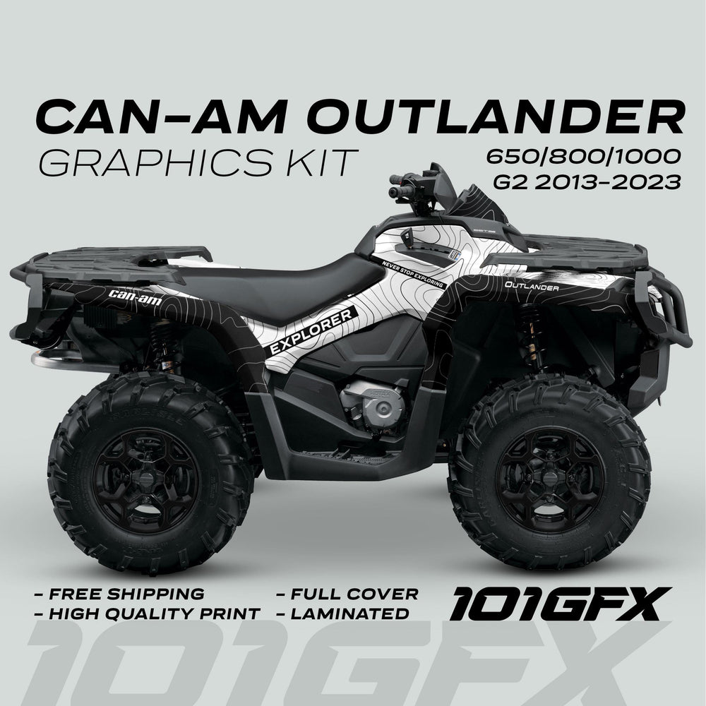 Can-Am OUTLANDER G2 Graphics Kit EXPLORER featuring a topographic-style wrap; highlights include easy installation, full coverage, laminated finish, and high-quality, fade-resistant decals.