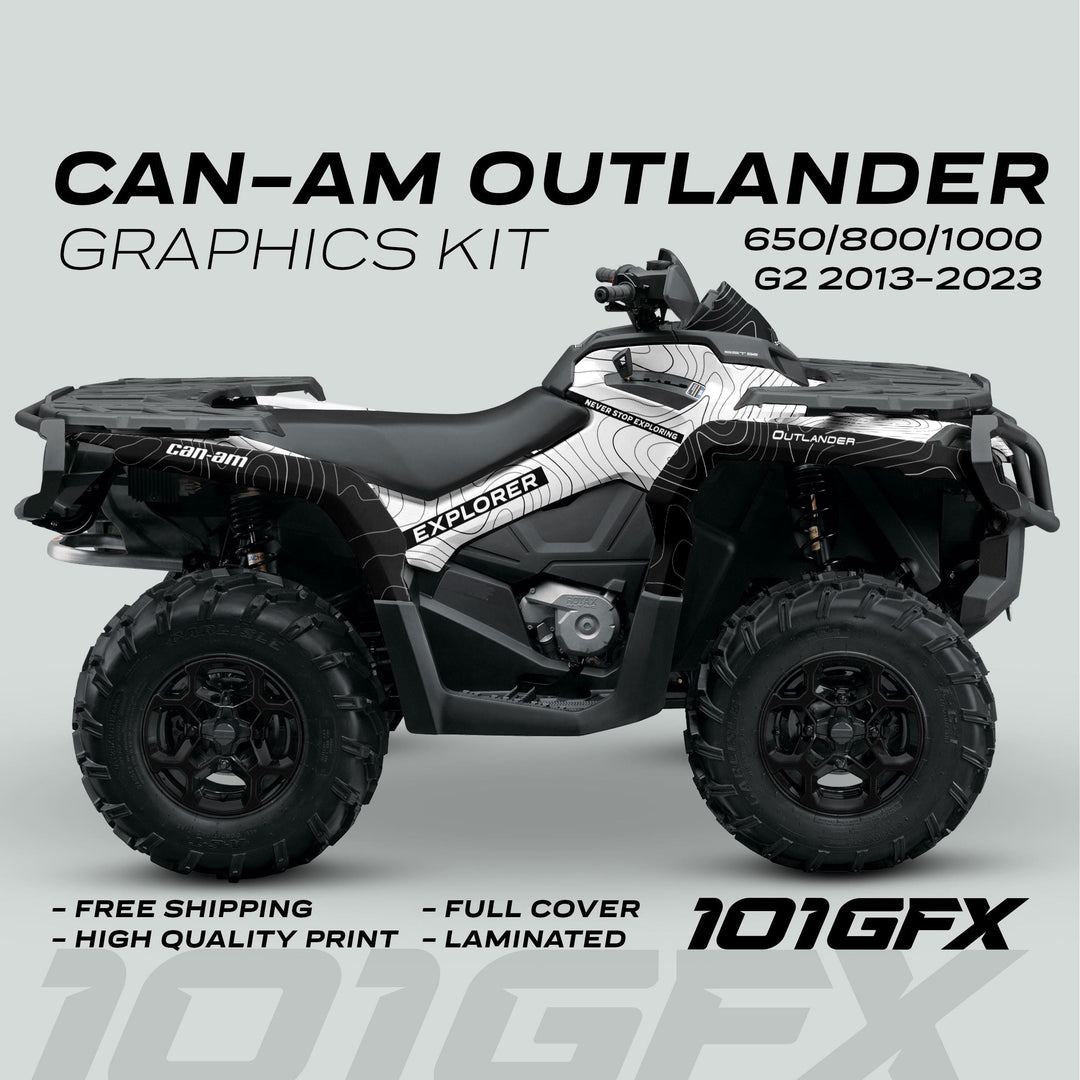 Can-Am OUTLANDER G2 Graphics Kit EXPLORER featuring a topographic-style wrap; highlights include easy installation, full coverage, laminated finish, and high-quality, fade-resistant decals.