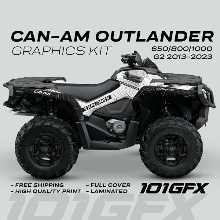 Can-Am OUTLANDER G2 Graphics Kit EXPLORER featuring a topographic-style wrap; highlights include easy installation, full coverage, laminated finish, and high-quality, fade-resistant decals.
