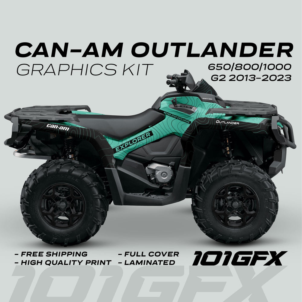 Can-Am OUTLANDER G2 Graphics kit EXPLORER Mint Black on Outlander, featuring green-and-black topographic design, highlights durability and style for model years 2013–2023.
