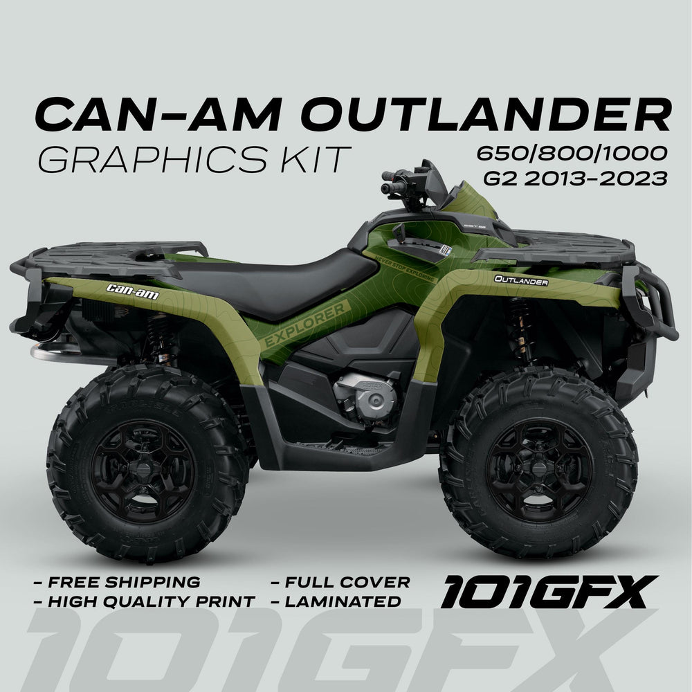 Can-Am OUTLANDER G2 Graphics Kit EXPLORER Moss Olive on a green-themed ATV, showcasing protective, high-quality wrap with seamless fit and easy application.