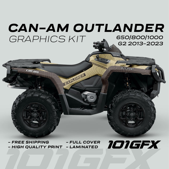 Can-Am OUTLANDER G2 Graphics Kit EXPLORER Sand Earth on an ATV, featuring a topographic wrap, promoting durability and style with free shipping and high-quality print.