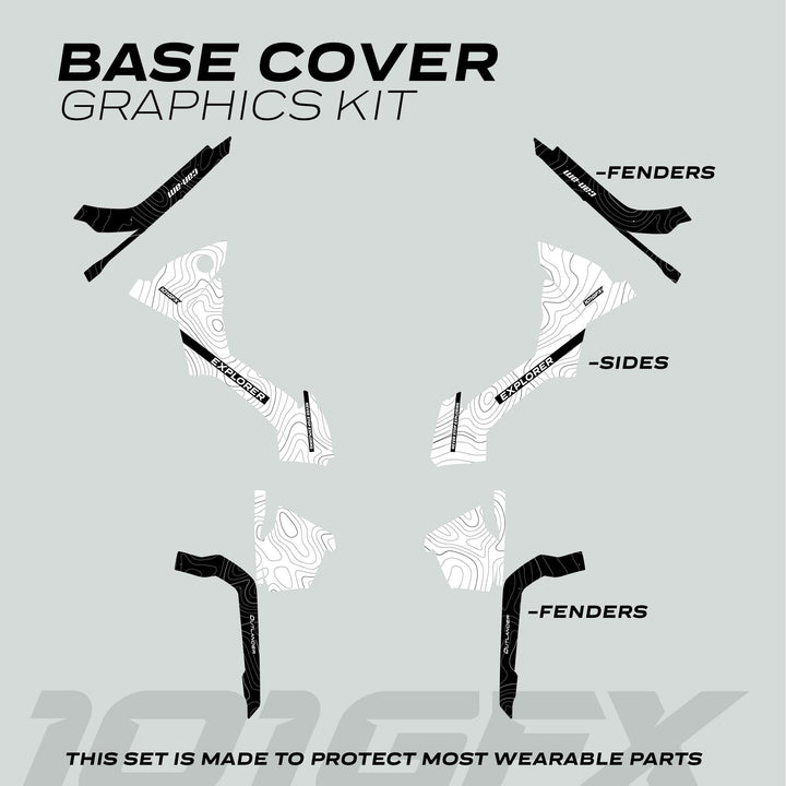 Can-Am OUTLANDER G2 Graphics Kit EXPLORER with decals for fenders and sides, designed for protection and style on Can-Am models.