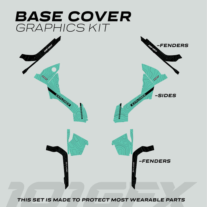 Diagram of Can-Am OUTLANDER G2 Graphics kit EXPLORER Mint Black for ATVs, showing fender and side vinyl decals with contour and topographic graphics for protection.