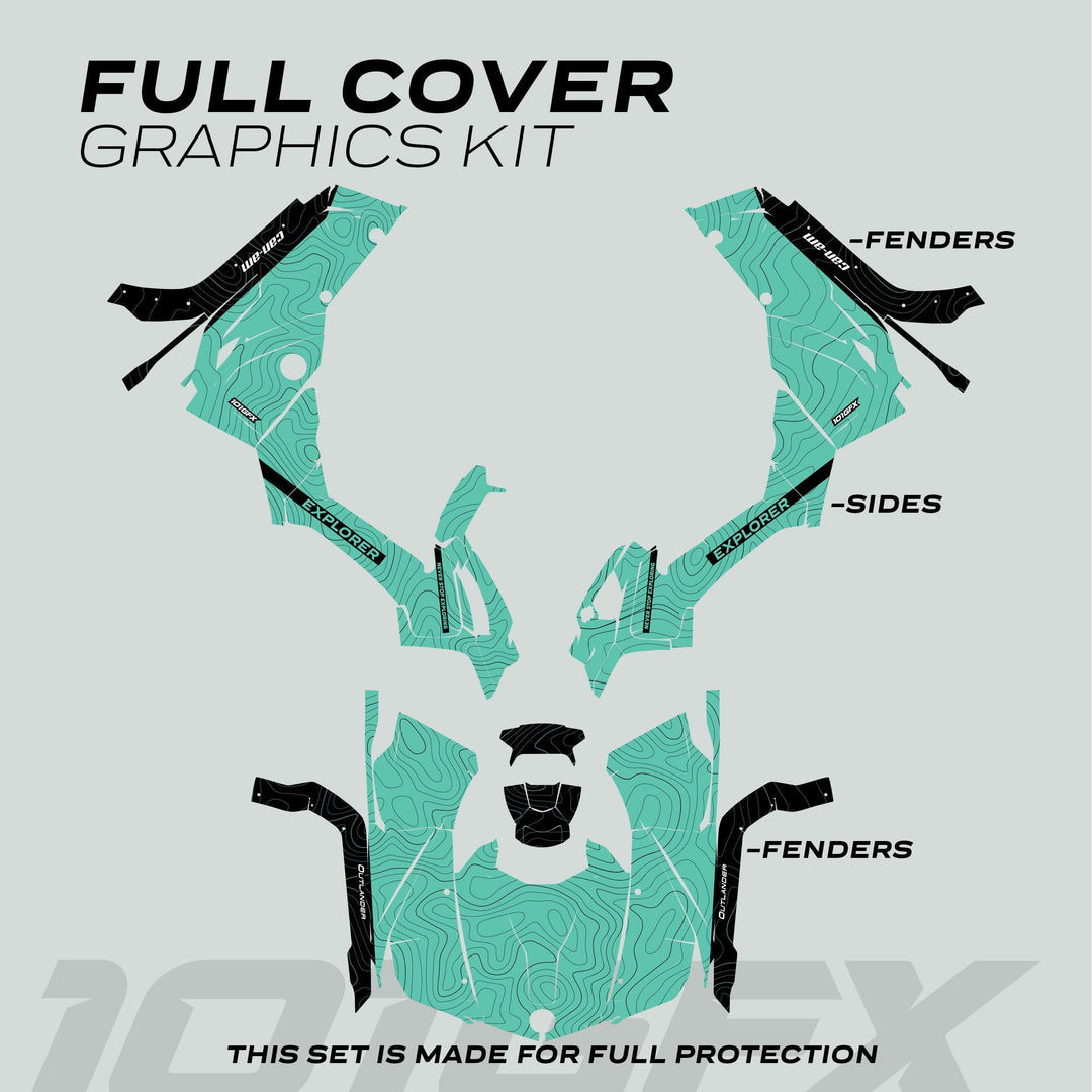 Can-Am OUTLANDER G2 Graphics kit EXPLORER Mint Black, featuring teal topographic patterns and labeled decals for full vehicle coverage, offering style and protection.